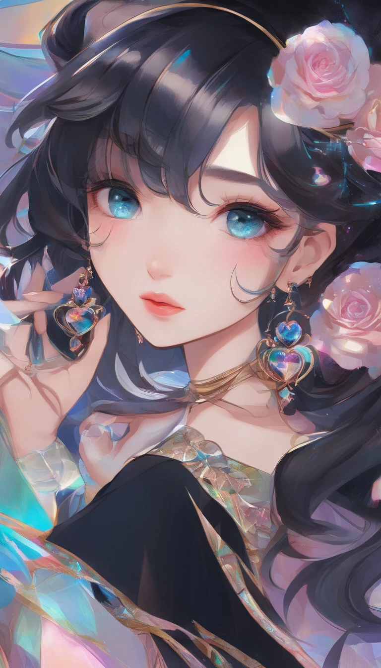 masterpiece, a beautiful Girl , Sailor Moon style , wearing laser transparent pvc texture clothing , prism , melancholy expression, beautiful eyes , brilliance , jewelry , portrait , game original painting , anime character concept design , beautiful face , sacred, long transparent iridescent GB hair, reflections transparent iridescent colors on her hair, highly detailed, gorgeous sacred girl, beautiful light on black background