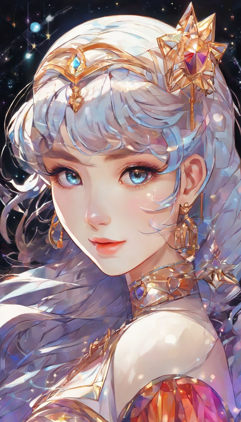 masterpiece, a beautiful Girl , Sailor Moon style , wearing laser transparent pvc texture clothing , prism , melancholy expression, beautiful eyes , brilliance , jewelry , portrait , game original painting , anime character concept design , beautiful face , sacred, long transparent iridescent GB hair, reflections transparent iridescent colors on her hair, highly detailed, gorgeous sacred girl, beautiful light on black background