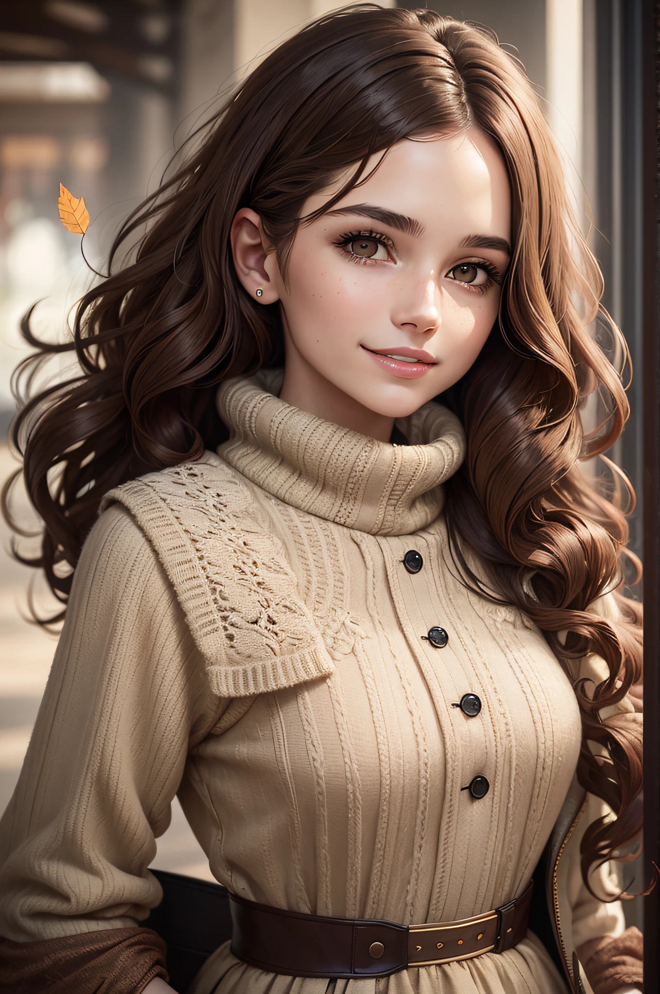 portrait of a woman, dry leaves over her head, fashion photograph, brown hair, 16k, attractive, elegant, confident, optimistic, teenager, smiling, beautiful, heroine, perfect look, highly detailed modern clothing, curly hair details, sharp focus, intricate details, highly detailed, style of Robert Frank