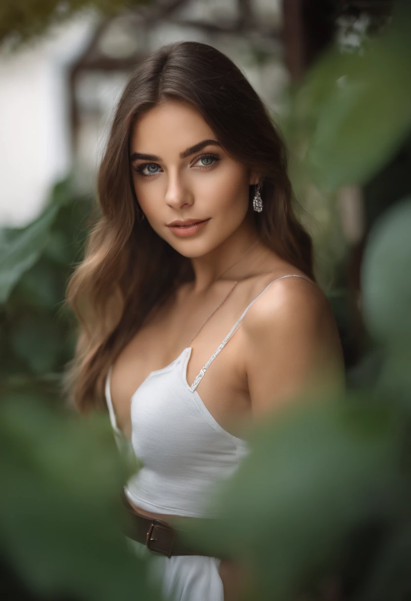 Arafed woman in white T-shirt and necklace, Meals in the restaurant, sexy girl with green eyes, portrait sophie mudd, brown hair and large eyes, selfie of a young woman, bedroom eyes, violet myers, no makeup, natural makeup, looking straight at camera, face with artgram, fine makeup, Stunning full-length shot, Piercing green eyes, beautiful angle, attractive pose, Sweet girl, sexy pose, full length image, full - body, shooting full body, Brunette goddess, high detail, Satisfied posture, in a gray skirt and boots, upskirt, knee boots