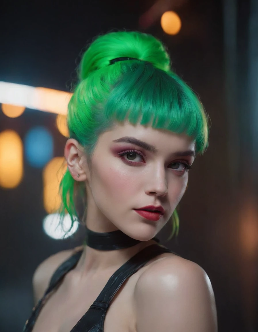extreme closeup portrait of beautiful (80s cyberpunk:1.3) woman (ChloeNobodySD15) neon green hair pigtails lips pressed (serious:1.2) look (bright side light rim light:1.2) net runner jacket deep dark shadows dramatic camera angle high contrast color grading (masterpiece:1.2) (photorealistic:1.2) (bokeh:1.2) (best quality) (detailed skin:1.3) (intricate details) (8k) (HDR) (cinematic lighting) (sharp focus) (80sDarkFantasySD15b:1.2)