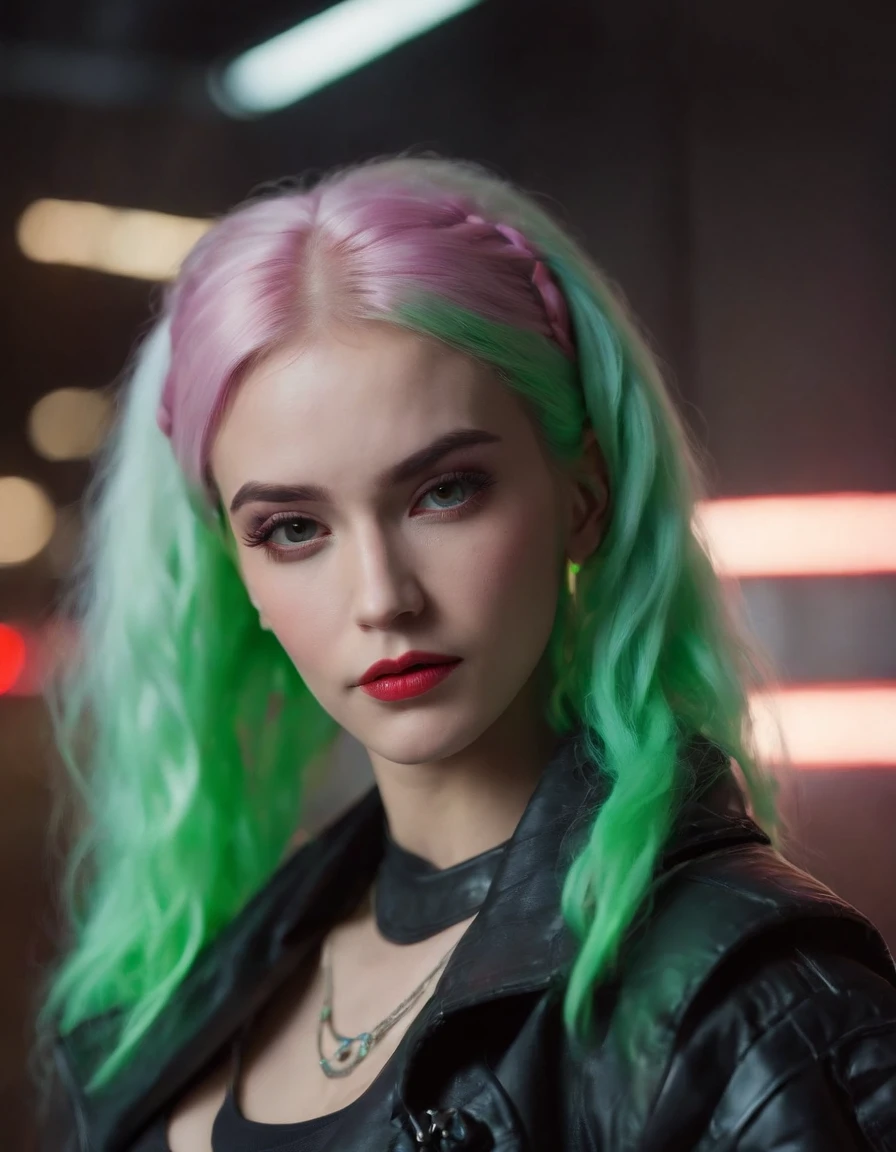 extreme closeup portrait of beautiful (80s cyberpunk:1.3) woman (ChloeNobodySD15) neon green hair pigtails lips pressed (serious:1.2) look (bright side light rim light:1.2) net runner jacket deep dark shadows dramatic camera angle high contrast color grading (masterpiece:1.2) (photorealistic:1.2) (bokeh:1.2) (best quality) (detailed skin:1.3) (intricate details) (8k) (HDR) (cinematic lighting) (sharp focus) (80sDarkFantasySD15b:1.2)