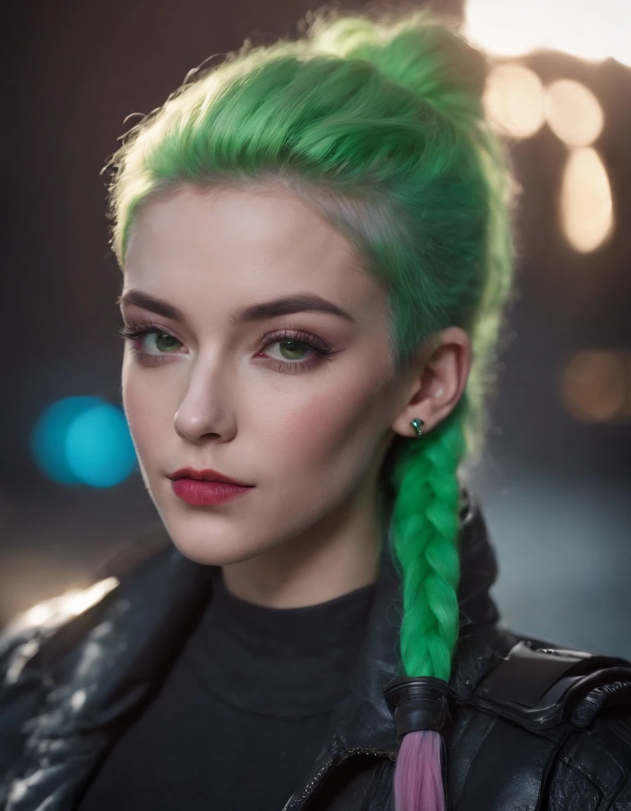 extreme closeup portrait of beautiful (80s cyberpunk:1.3) woman (ChloeNobodySD15) neon green hair pigtails lips pressed (serious:1.2) look (bright side light rim light:1.2) net runner jacket deep dark shadows dramatic camera angle high contrast color grading (masterpiece:1.2) (photorealistic:1.2) (bokeh:1.2) (best quality) (detailed skin:1.3) (intricate details) (8k) (HDR) (cinematic lighting) (sharp focus) (80sDarkFantasySD15b:1.2)