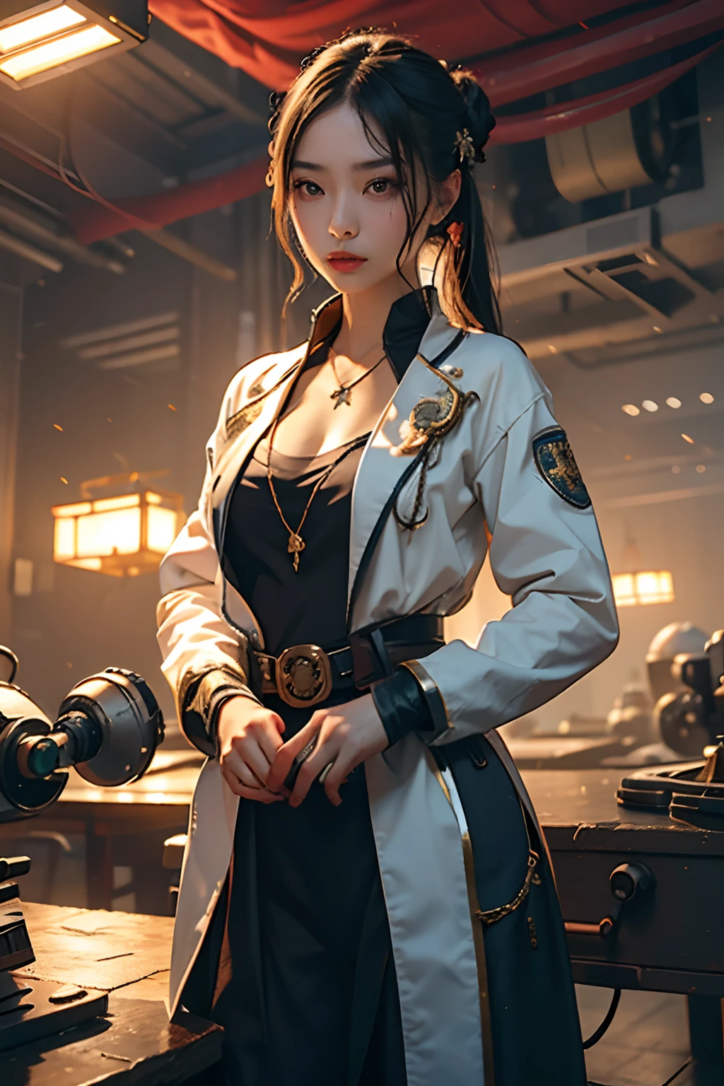 best qualtiy,tmasterpiece,超高分辨率,(realisticlying:1.4),Teach pendant,Detal Face, 1girll,独奏,Hand holding a robotic teach pendant,(Magical Circle:1.2),xiuxian,The upper part of the body,a beauty girl,full bodyesbian,Industrial robot,jacket,Robotics engineer,Automotive assembly line workshop,wide wide shot