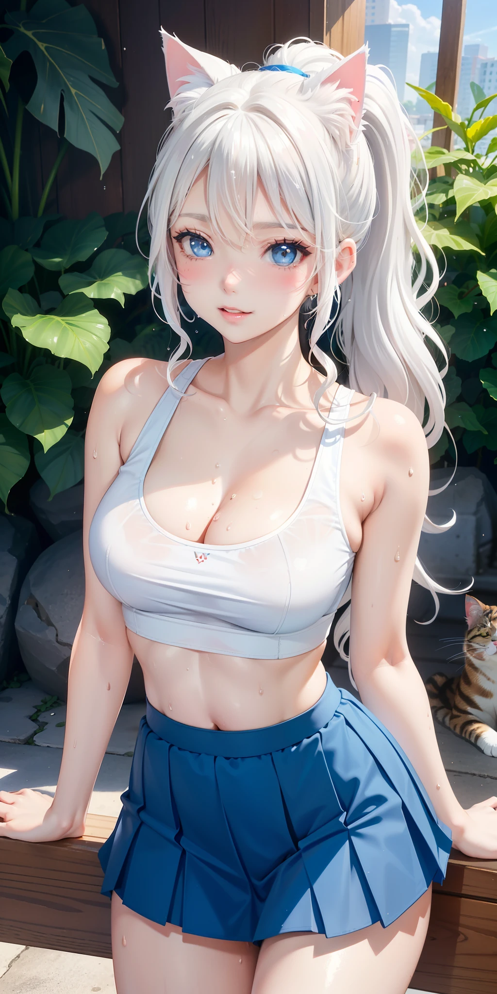 medium and hard breasts ((1cute cat girl)), ((wavy white hair ponytail)) ((blue eyes)) extremely sexy body, sportswear, skirt, wet clothes, shine, thigh, bare shoulders, collarbone, waist perfect, sunshine, sunlight, wind, cleavage, parted lips, blush, makeup, light smile (masterpiece), sweat