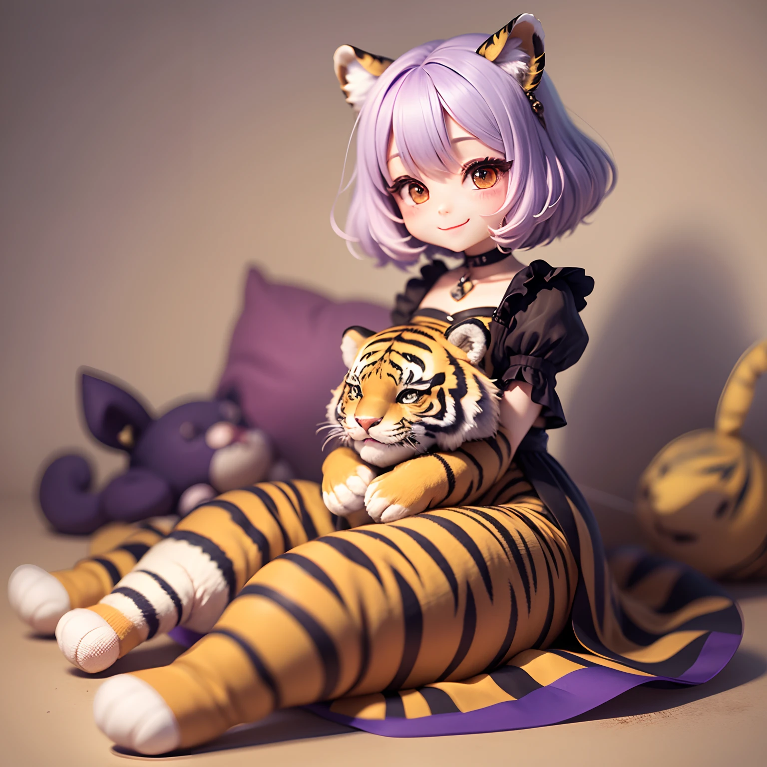 Chibi Chara、Dressed in a dress、Stuffed tiger、Light purple hair、A smile、Solisos、full bodyesbian、Highest accuracy