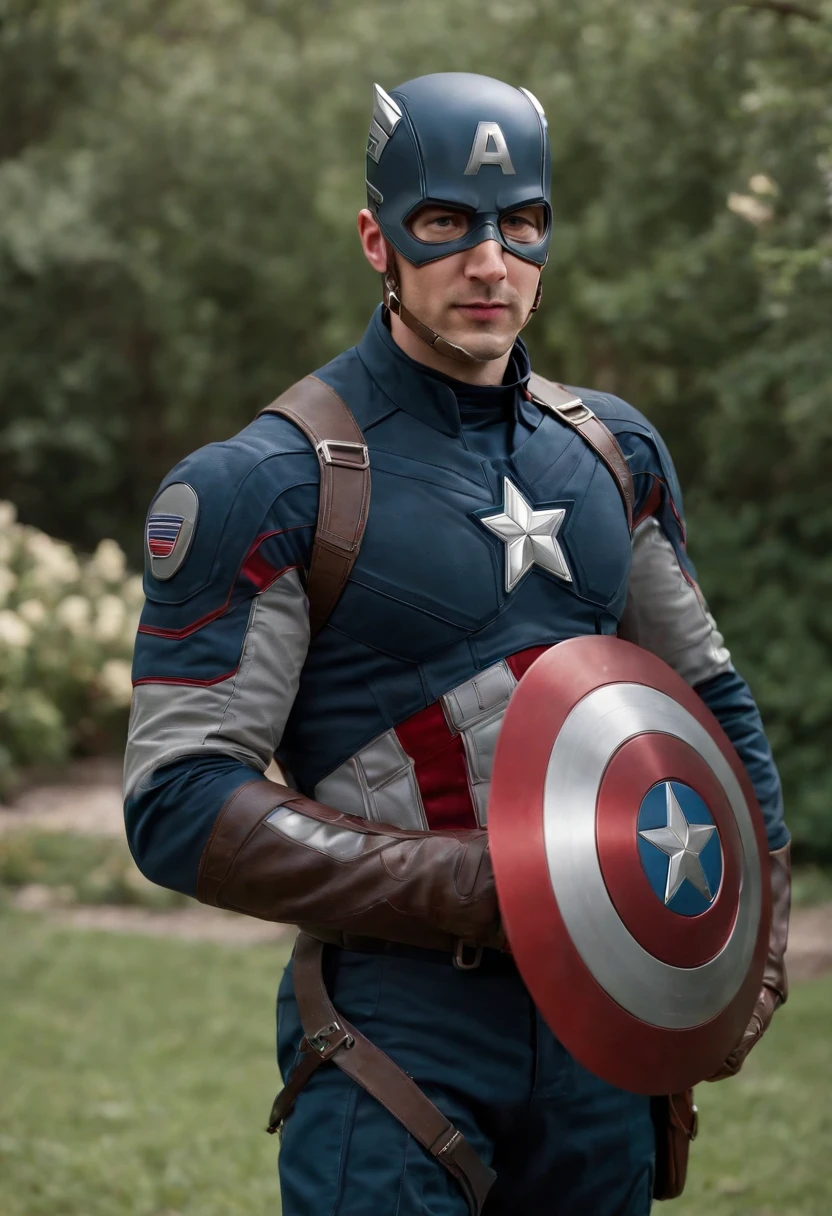 Captain America, holding a bouquet, exchange ring, wedding in beautiful garden, happy