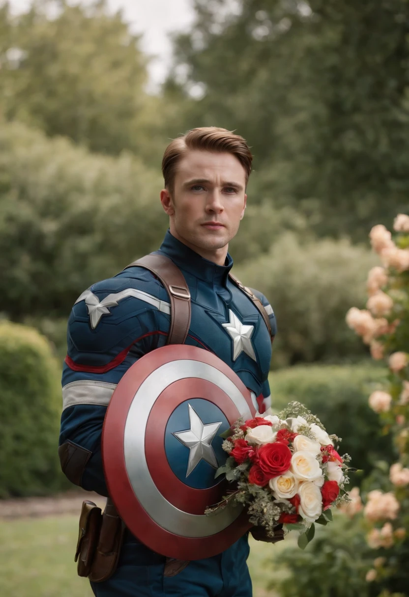 Captain America, holding a bouquet, exchange ring, wedding in beautiful garden, happy