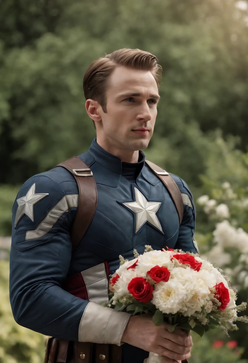 Captain America, holding a bouquet, exchange ring, wedding in beautiful garden, happy