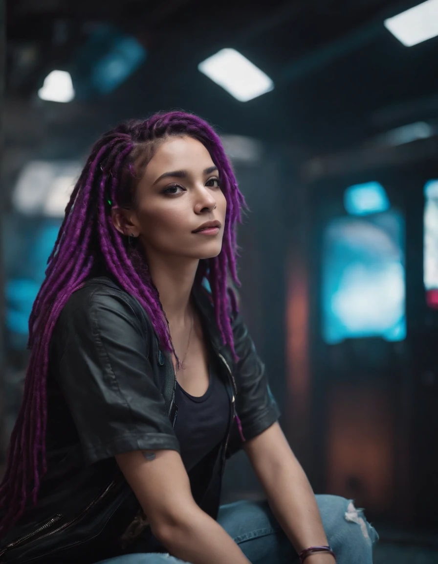 A photo of a female with vibrant purple dreadlocks, dressed in a futuristic t-shirt and ripped jeans. The dynamic lights and energy of the arcade floor enhance the overall composition. Epic character composition, sharp focus, and natural lighting. The subsurface scattering effect adds a touch of an ethereal glow, while the f2 aperture and 35mm lens create a perfect balance of depth and detail.CyberPunk