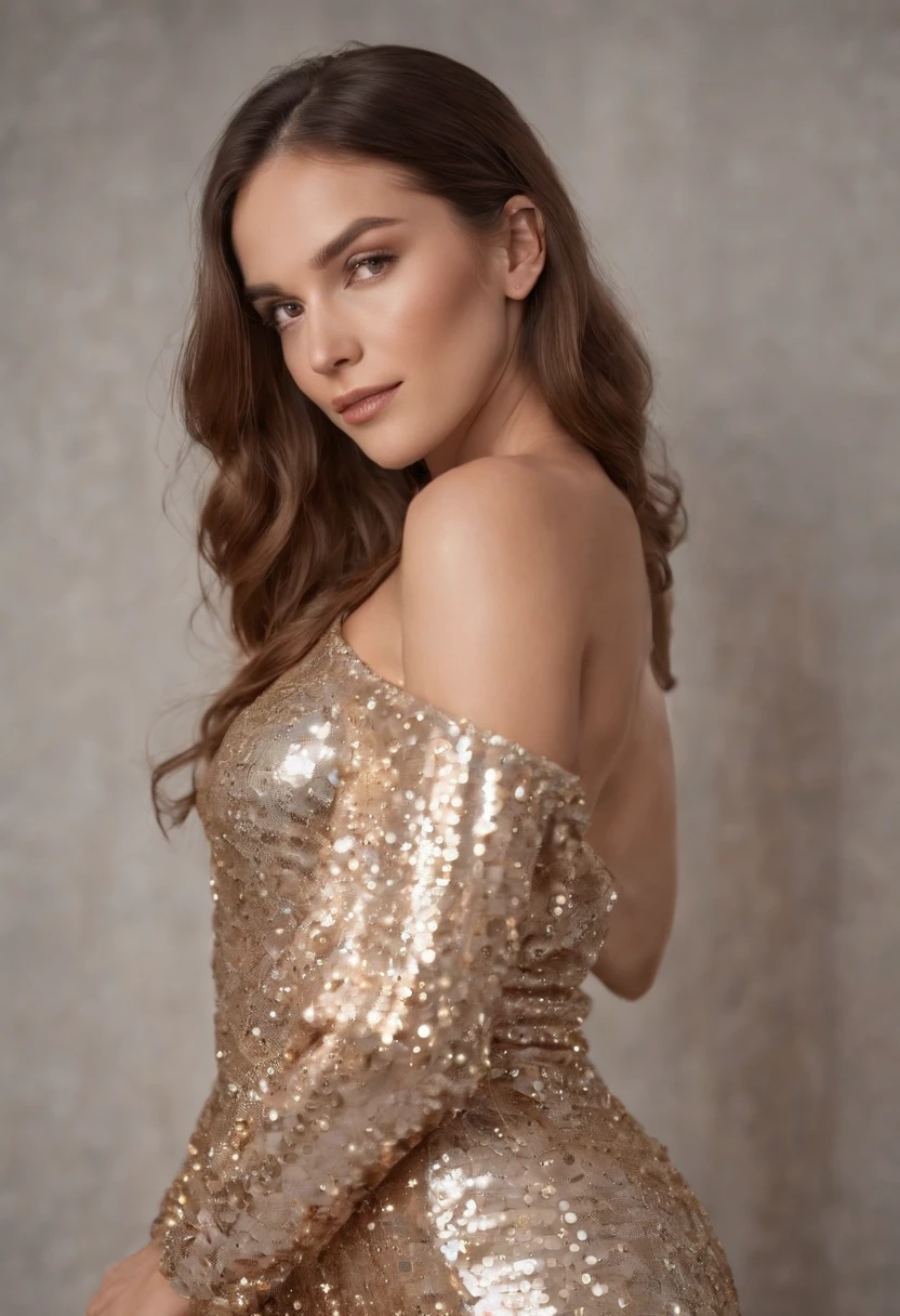 woman in shiny sequin dress, silver and gold color, 90s style, half length shot, side light, high quality photo,cowboy shot