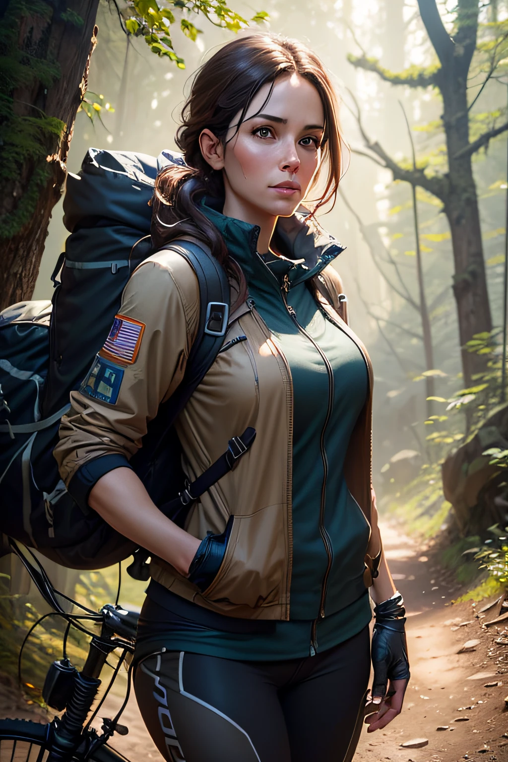 beautiful, 38 year old woman, standing on the trail and looking straight ahead into the lens, hiker, artstation trend, flirtatious look, expressive face, focus, outdoor photo, intricate details, very detailed, author: greg rutkowski