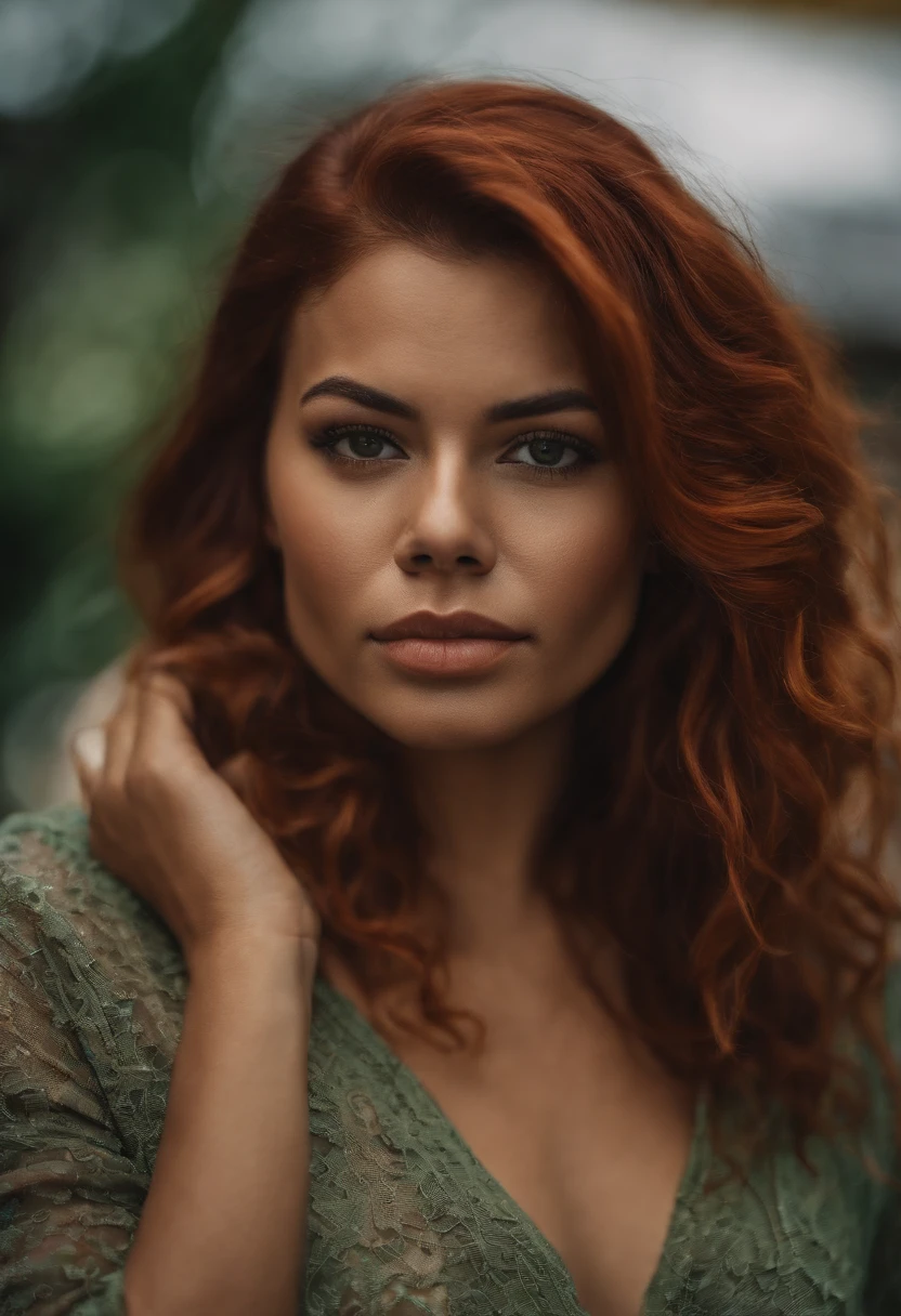 An urban goddess Latina with a caramel skin, vibrant red hair, and green eyes and masturbating