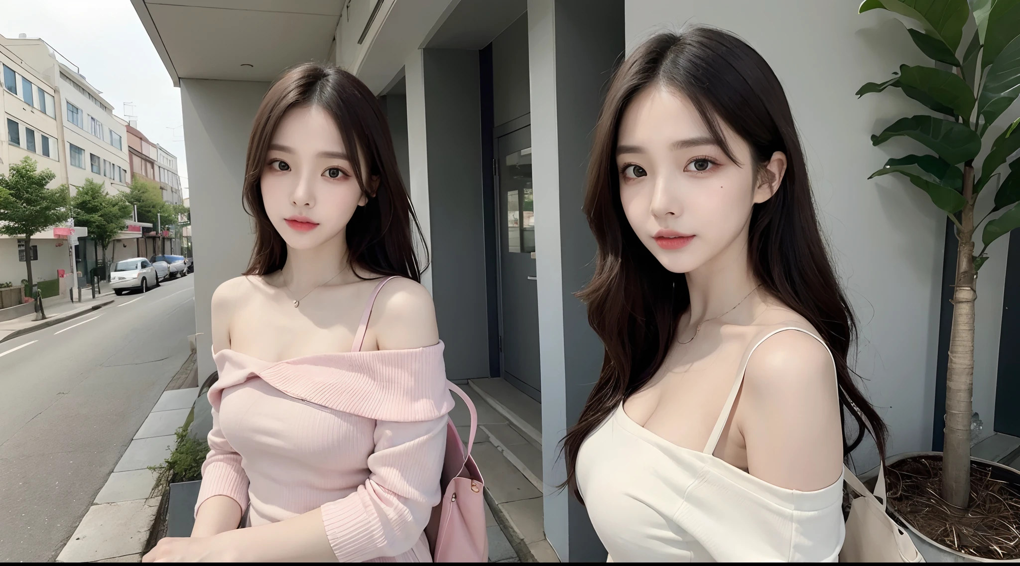 (High-resolution 8K raw photos are realistic,best qualtiy)，Fashion trendy beautiful and charming woman，gentle and charming Chinese beautiful woman，Korea,Kpop idol，delicate and sexy collarbones，charming oval face，二重まぶた，Ingenious[peaches]flower eyes，redish pink lips，small-nose，exposed bare shoulders，focus at face，closeup of face，Hyper-detailing，Blue off-the-shoulder long-sleeved top，White hip wrapped skirt，Light red hair，Background bokeh，cleavage，long leges，(Seven-doppelganger shot，中景 the scene is，Solo：1.4)，Lace，lacing，head gear， Fresh and impressive， natural color，(pedestrian street，cbd,rays of sunshine，outside，LV shoulder bag for women，cellular phone)，Front light，Sitting on the side of the street，deck chair