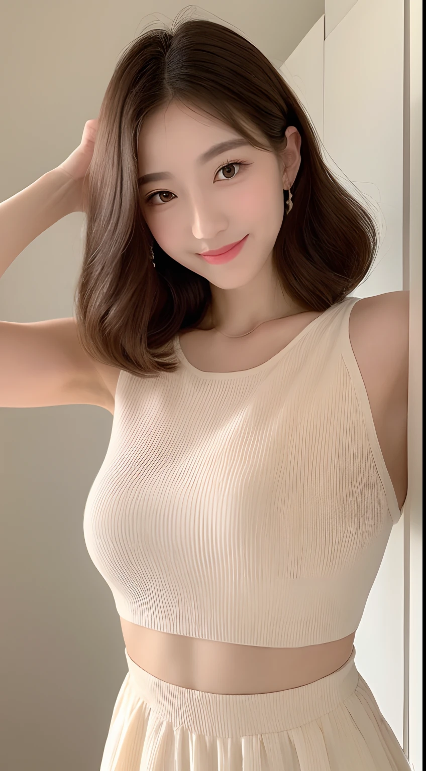 (8k, best quality, masterpiece, golden ratio composition,:1.3),(A beautiful Japanese mature female, 34 years old, Asian face, white camisole, pastel color mini skirt,smile:1.2), (huge breasts:1.1), (Zoom out shot:1.3), city,