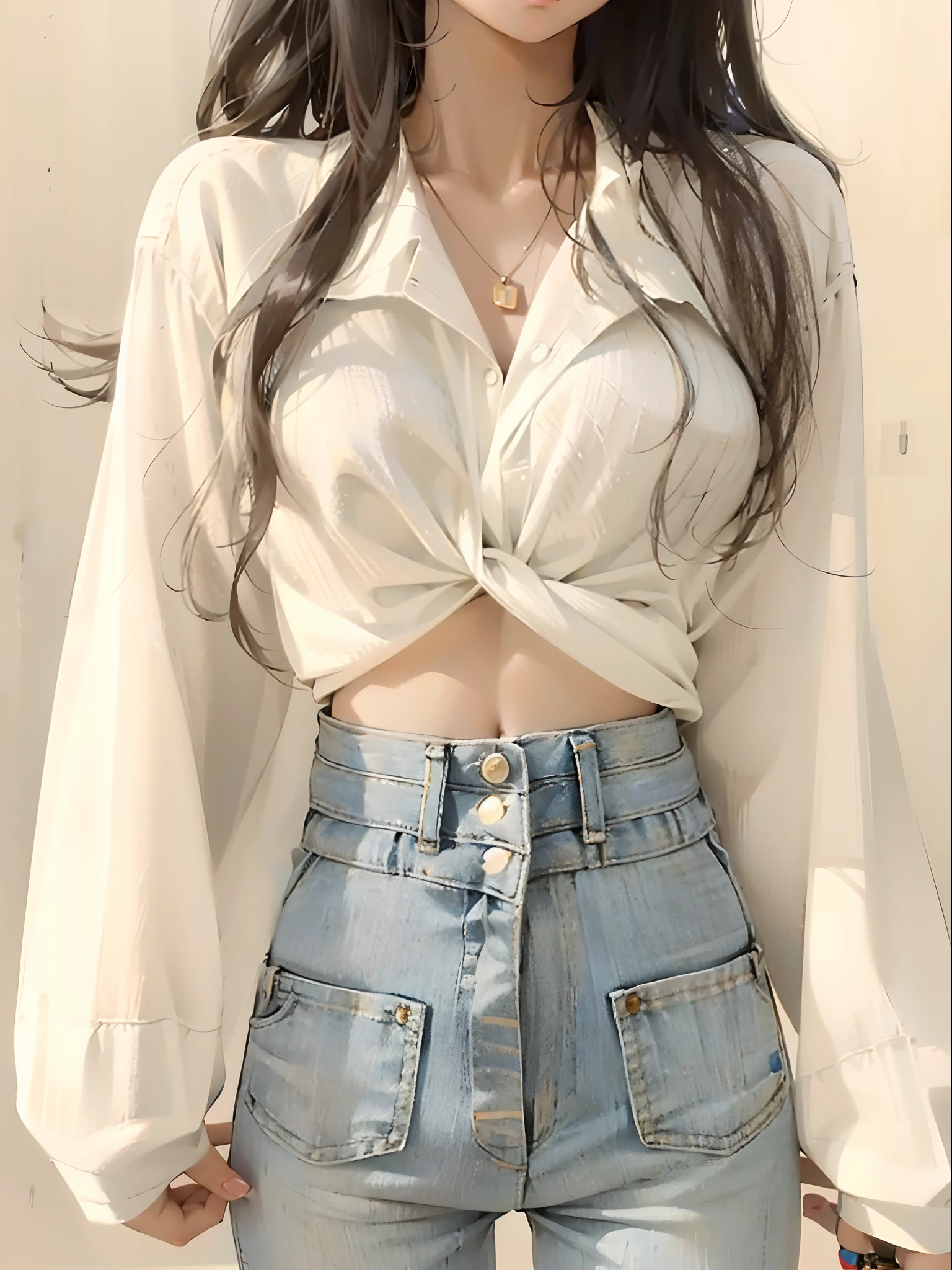 araffed woman in a white shirt and jeans posing for a picture, white shirt and jeans, wearing a cropped tops, white shirt and blue jeans, wearing a blouse, wearing a shirt and a jean, casual clothes, wearing a sexy cropped top, wearing a cropped top, cropped shirt with jacket, tied - up shirt, casual clothing style, kawaii shirt and jeans
