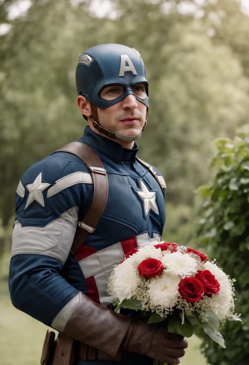 Captain America, holding a bouquet, cry in the wedding, wedding in beautiful garden, romantic