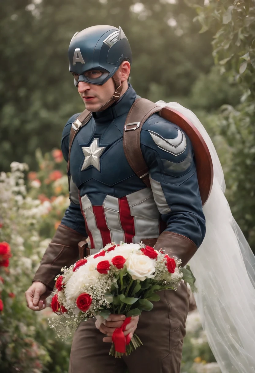 Captain America, holding a bouquet, cry in the wedding, wedding in beautiful garden, romantic