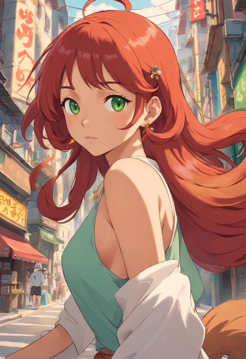 An urban goddess Latina with a caramel skin, vibrant red hair, and green eyes and masturbating