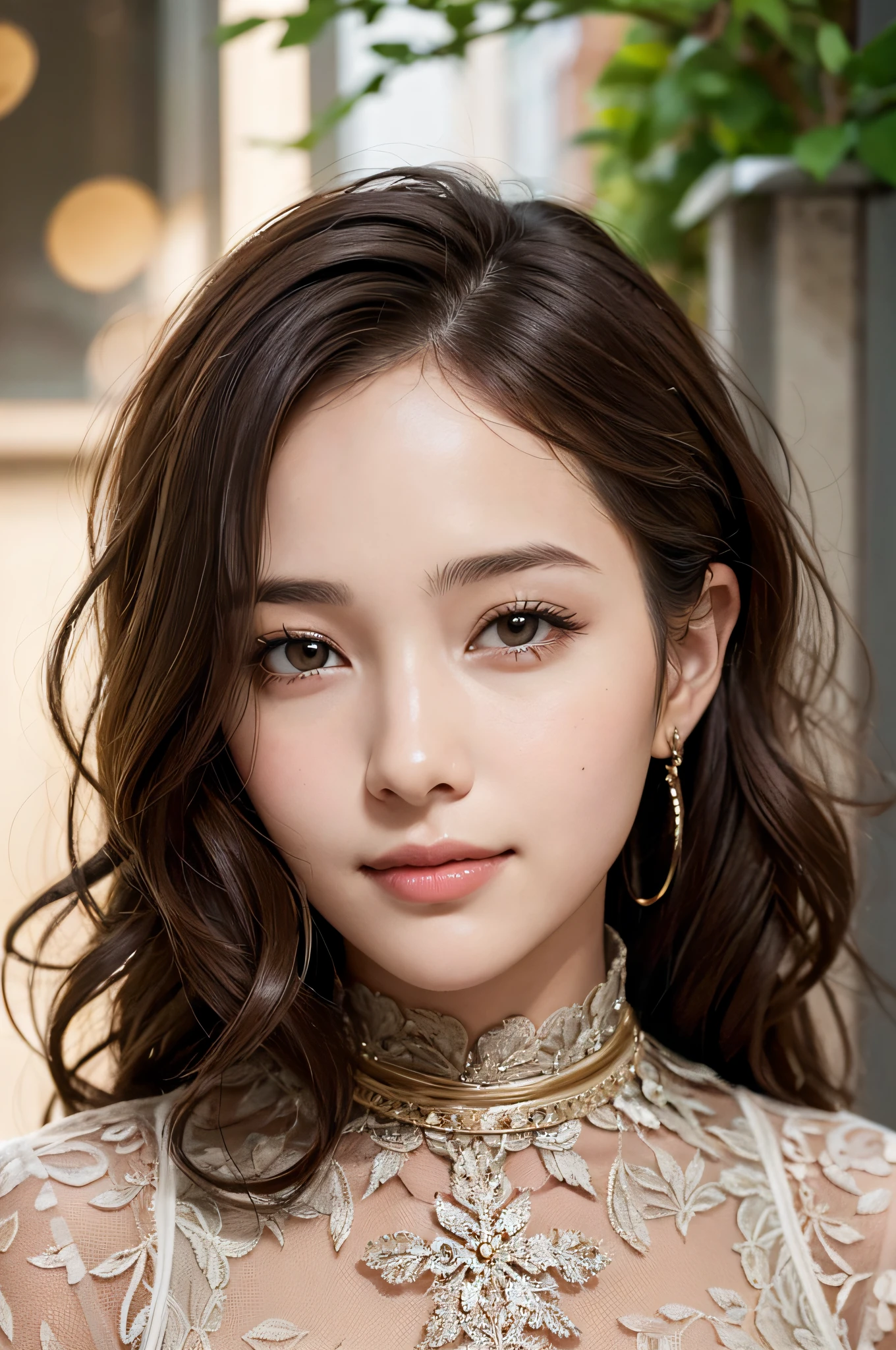 portrait of a woman, dry leaves over her head, fashion photograph, brown hair, 16k, attractive, elegant, confident, optimistic, teenager, smiling, beautiful, heroine, perfect look, highly detailed modern clothing, curly hair details, sharp focus, intricate details, highly detailed, style of Robert Frank