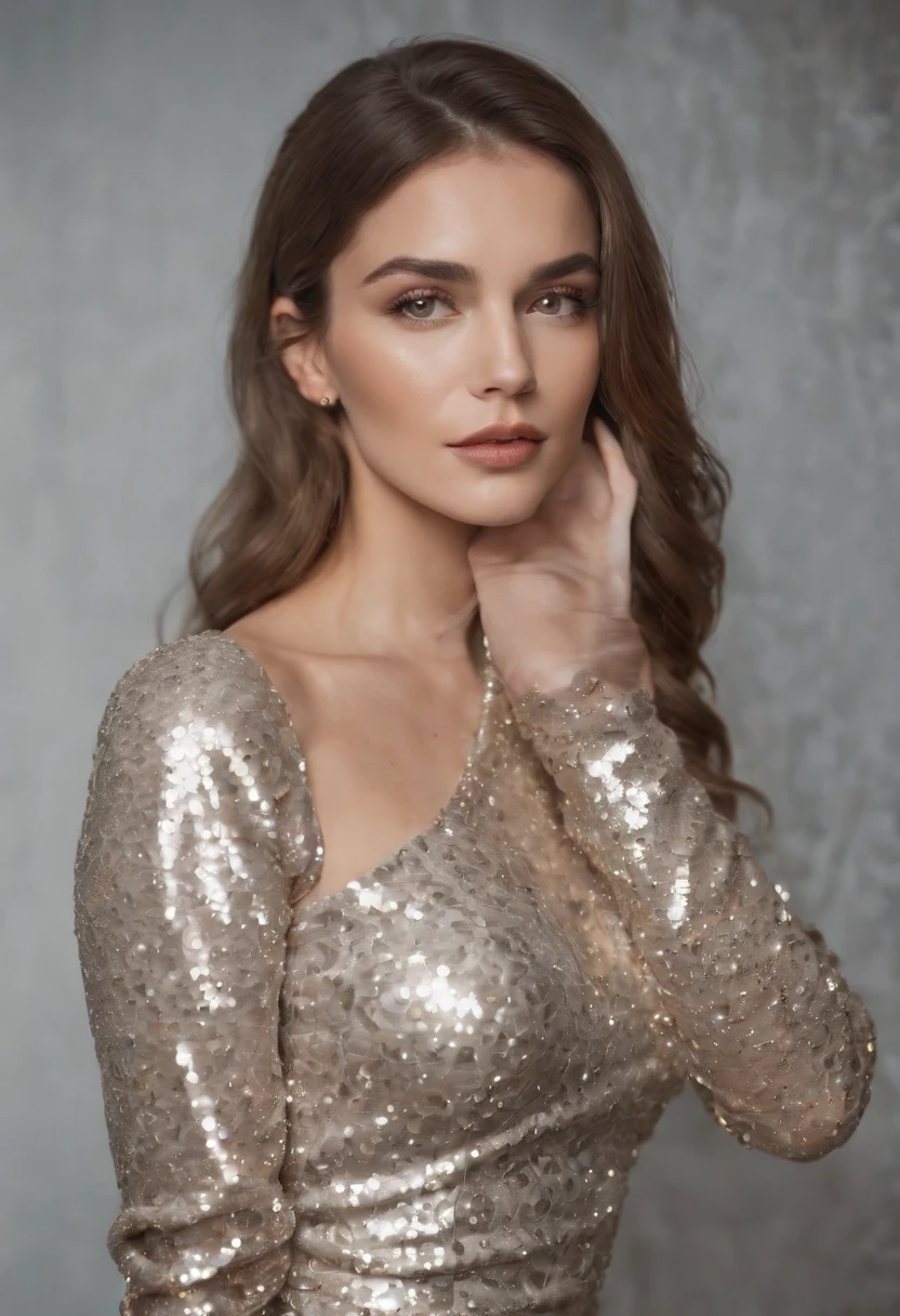 woman in shiny sequin dress, silver and gold color, 90s style, half length shot, side light, high quality photo,cowboy shot