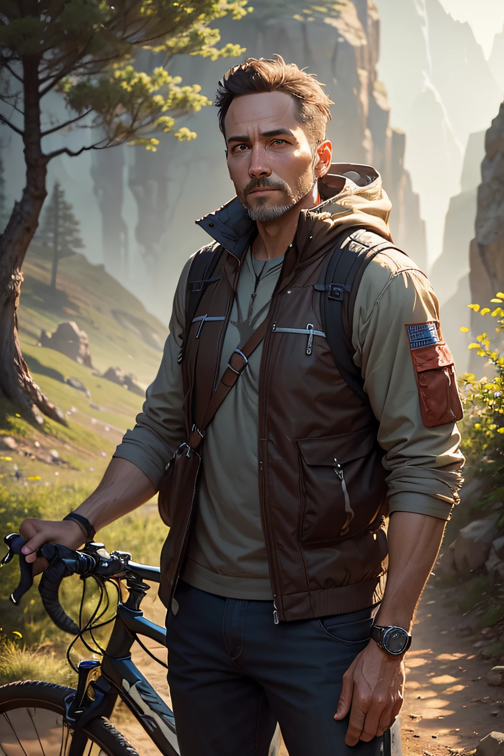 38 year old man, standing on the trail by her bicycle and looking straight ahead into the lens, hiker, artstation trend, pleasing look, expressive face, focus, outdoor photo, intricate details, very detailed, author: greg rutkowski