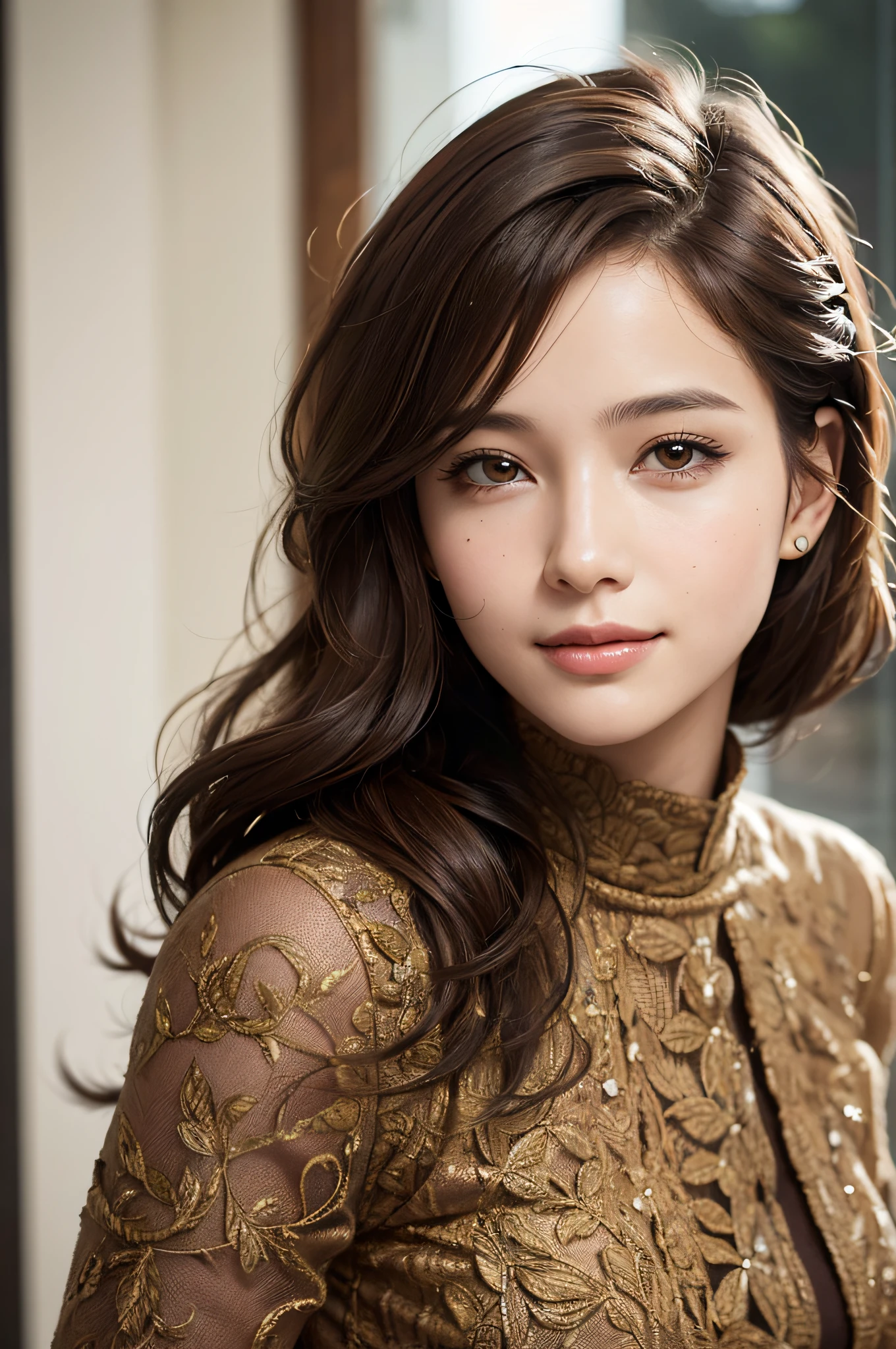 portrait of a woman, dry leaves over her head, fashion photograph, brown hair, 16k, attractive, elegant, confident, optimistic, teenager, smiling, beautiful, heroine, perfect look, highly detailed modern clothing, curly hair details, sharp focus, intricate details, highly detailed, style of Robert Frank