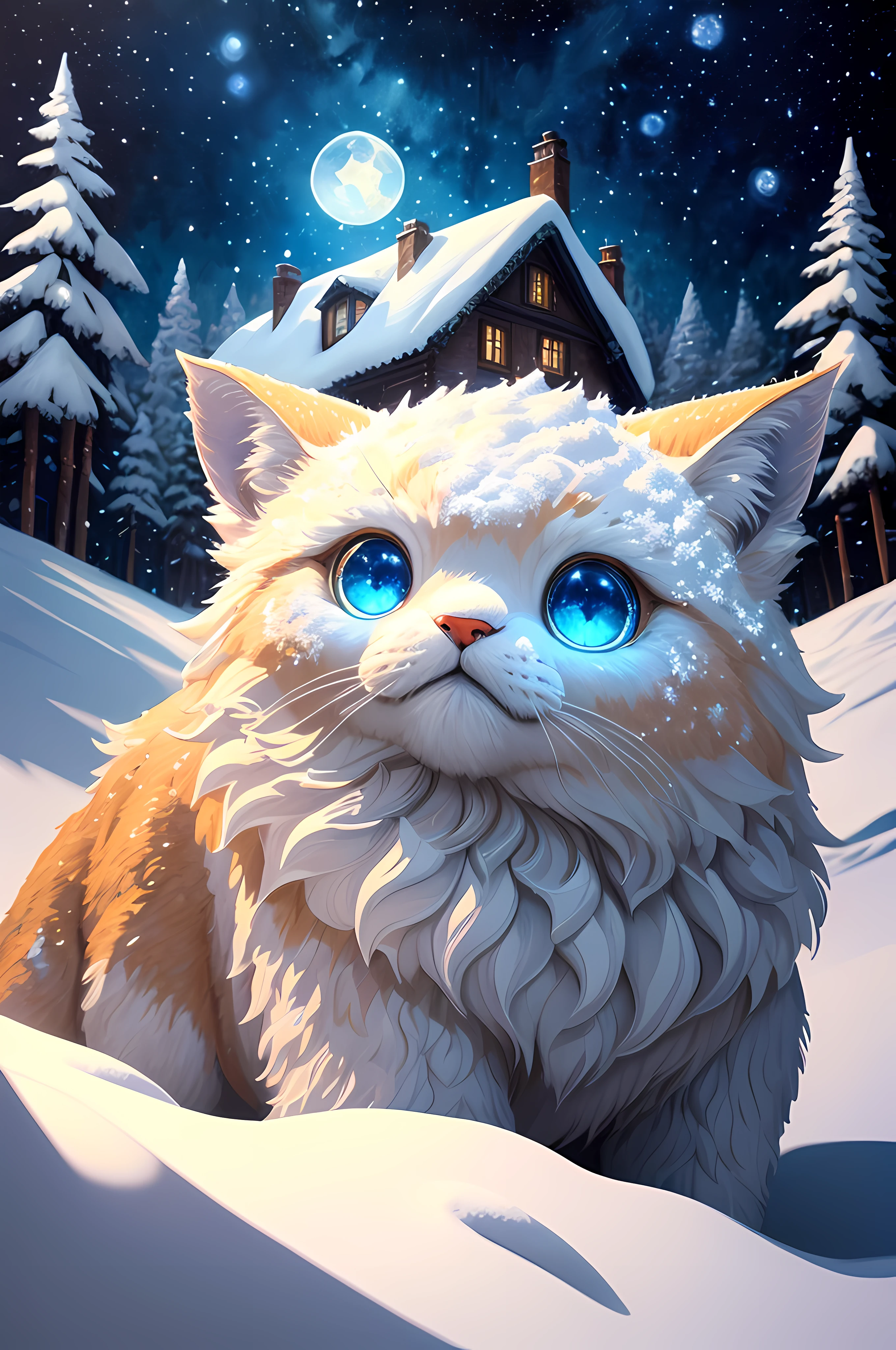 ultra highly detailed, triadic colors, cinematic, 32k, luminism, detailed oil painting by Dorian Vallejo, Damian Lechoszest, Todd Lockwood, cgsociety, storybook illustration, close up nightmare cute and vivid furry snow monster in the snowy forest, extremely big glowing eyes, cute monster face, windy, highly detailed luminous unusual delicate water drops, mountain house, color drops, white moon, winter night, stars, night. detailed sky with clouds, uses shadows and lights to create a sense of depth and realism, highly detailed, intricated, intricated pose, oil painting, thick strokes, masterpiece, high quality, Van Gogh starry sky, centered, perfect composition, Watercolor, trending on artstation, sharp focus, studio photo, intricate details, highly detailed, by greg rutkowski, trending on artstation, sharp focus, studio photo, intricate details, highly detailed, by greg rutkowski