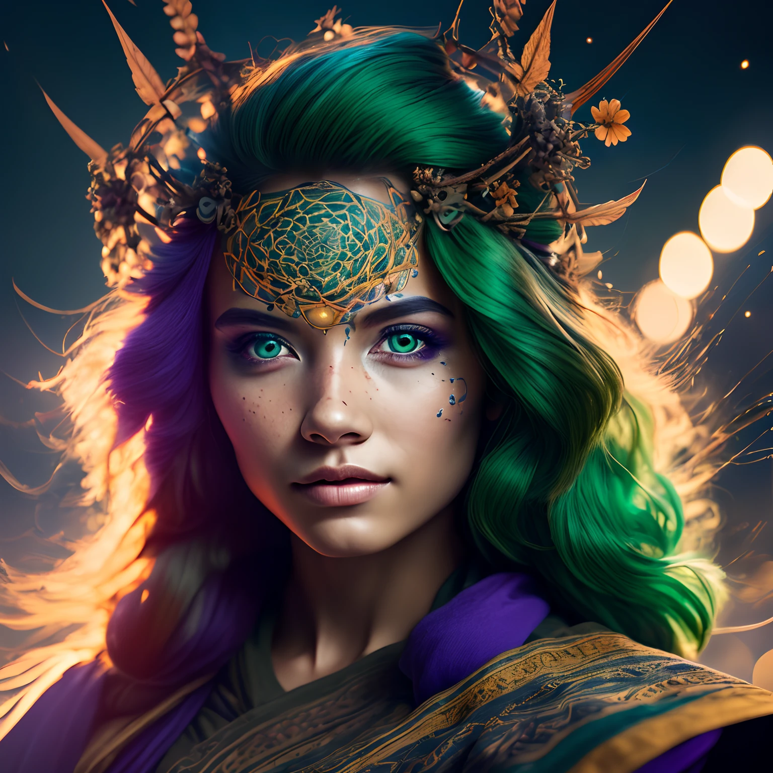 (masterpiece, best quality, ultra-detailed, highres, best illustration), 1woman, solo , focus, big breast, red hair, green hair,  heterochromia, purple eyes, two tone hair, ,side lighting, lustrous skin,(shine),  (shiny skin, cetlic elements, norse heritage), ray tracing,  shirt, wind swept hair, detailed hair, detailed face, ,depth_of_field,very detailed background,extreme light and shadow,(detailed eyes) , perfect anatomy, (zentangle, mandala, tangle, entangle), dynamic angle, wide shot, upper body, city scape, extreme light and shadow, night sky