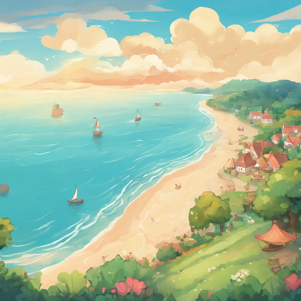 (masterpiece, top quality: 1.1), bird's eye view, asymmetry, blue sea, low tide, sea wave, sea route, coastal road, sandy beach, shell, pier, yacht, boat, ship wake, shipwreck, steamer, contrail, car, tourist, lighthouse, seagull , horizon, wind, summer, hat, morning, sunny, cloud, calm, fresh air, depth of field