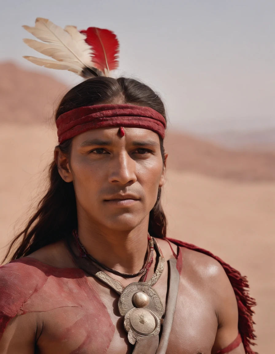 (8k, best quality, masterpiece, ultra highres:1.2),native american tribe warrior, red ancient shirt, full body shot, paint face,strong, gazing eyes, highly detailed face, cinematic still, desert background, deep depth of field, bokeh effect, wide angle