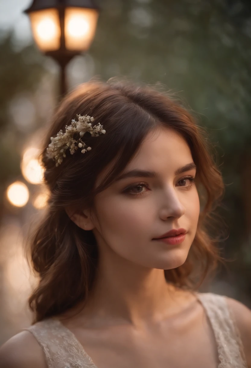 delicate girl, cabelos curtos e ondulados, andando em uma rua movimentada, little lighting