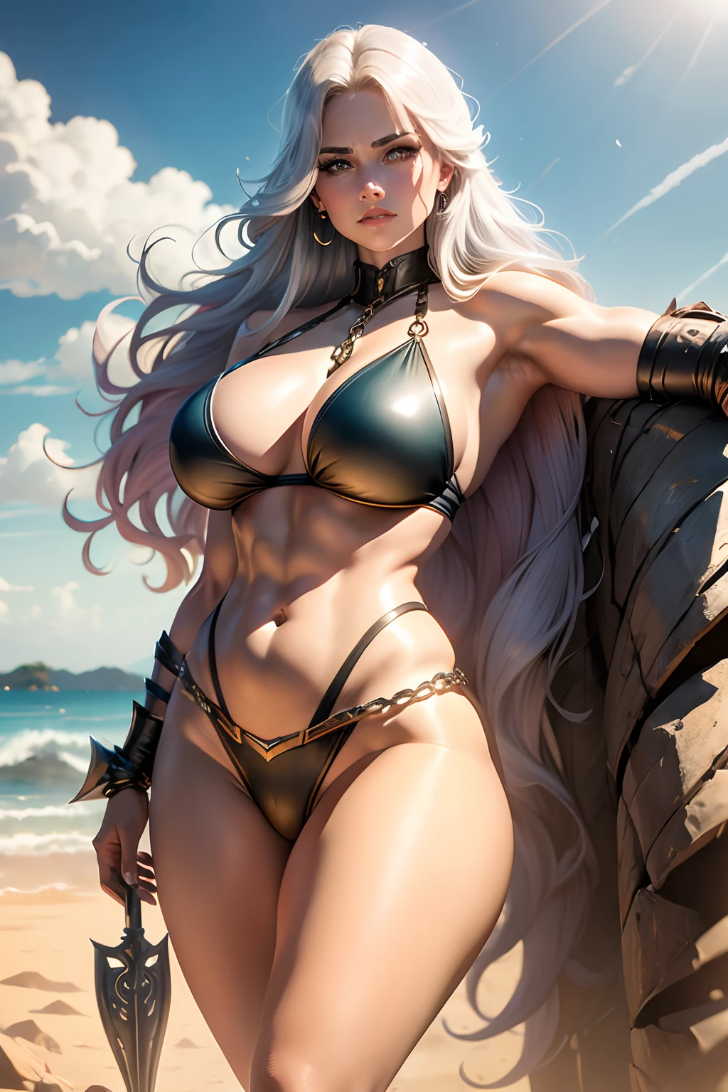 Mulher guerreira de cabelos vermelhos compridos, olhos claros, voluptuous and sensual physique, wearing a  made of chain shaped like a silverfish scale, olhar arrogante, wearing boots made of knee-length aged leather, Standing watching the distant landscape on a hill, sua espada segurando firmemente, epic scene, detalhista, Luz Natural, foco na personagem principal