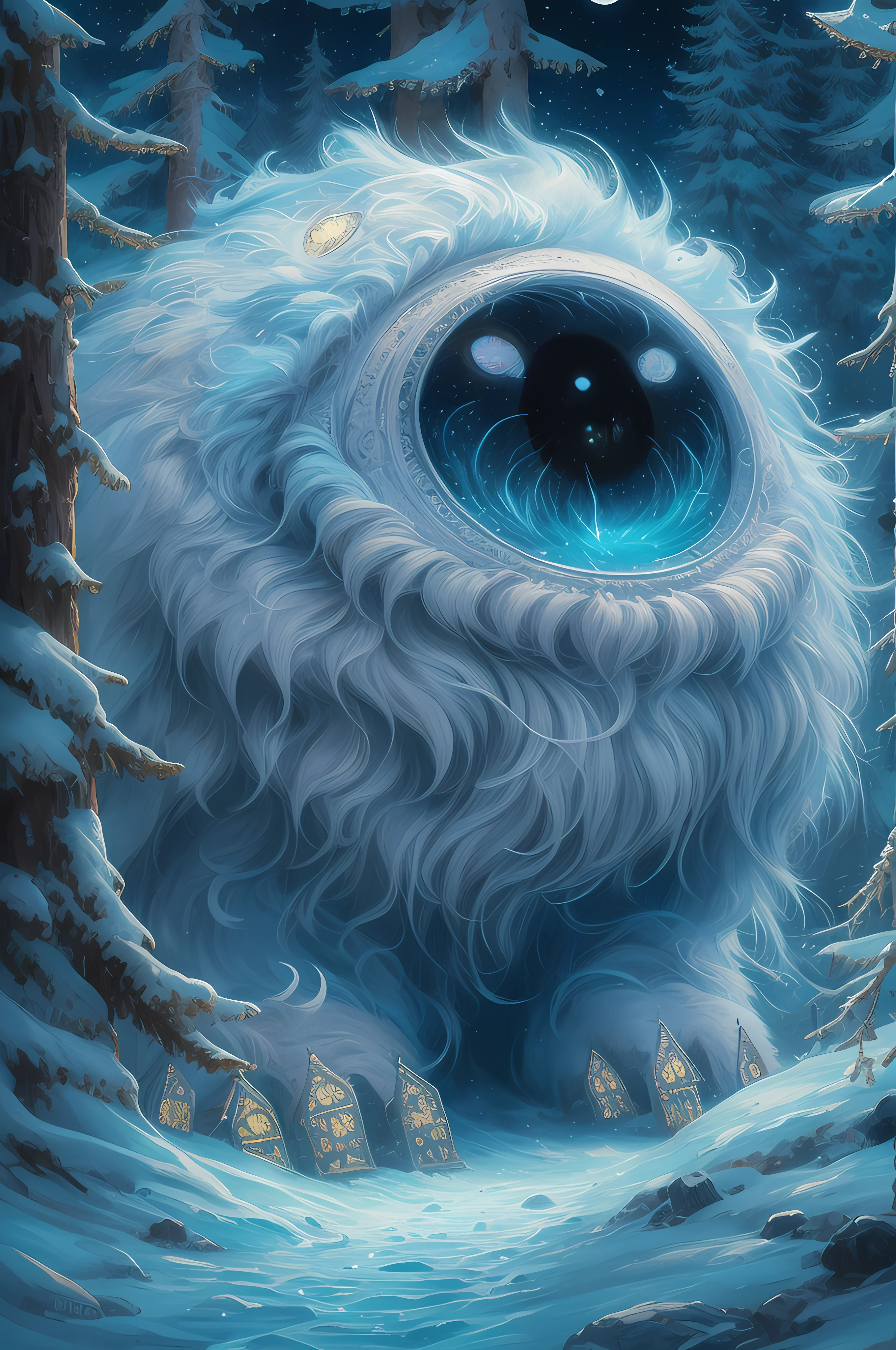 ultra highly detailed, triadic colors, cinematic, 32k, luminism, detailed oil painting by Dorian Vallejo, Damian Lechoszest, Todd Lockwood, cgsociety, storybook illustration, close up nightmare cute and vivid furry snow monster in the snowy forest, extremely big glowing eyes, cute monster face, windy, highly detailed luminous unusual delicate water drops, mountain house, color drops, white moon, winter night, stars, night. detailed sky with clouds, uses shadows and lights to create a sense of depth and realism, highly detailed, intricated, intricated pose, oil painting, thick strokes, masterpiece, high quality, Van Gogh starry sky, centered, perfect composition, Watercolor, trending on artstation, sharp focus, studio photo, intricate details, highly detailed, by greg rutkowski, trending on artstation, sharp focus, studio photo, intricate details, highly detailed, by greg rutkowski