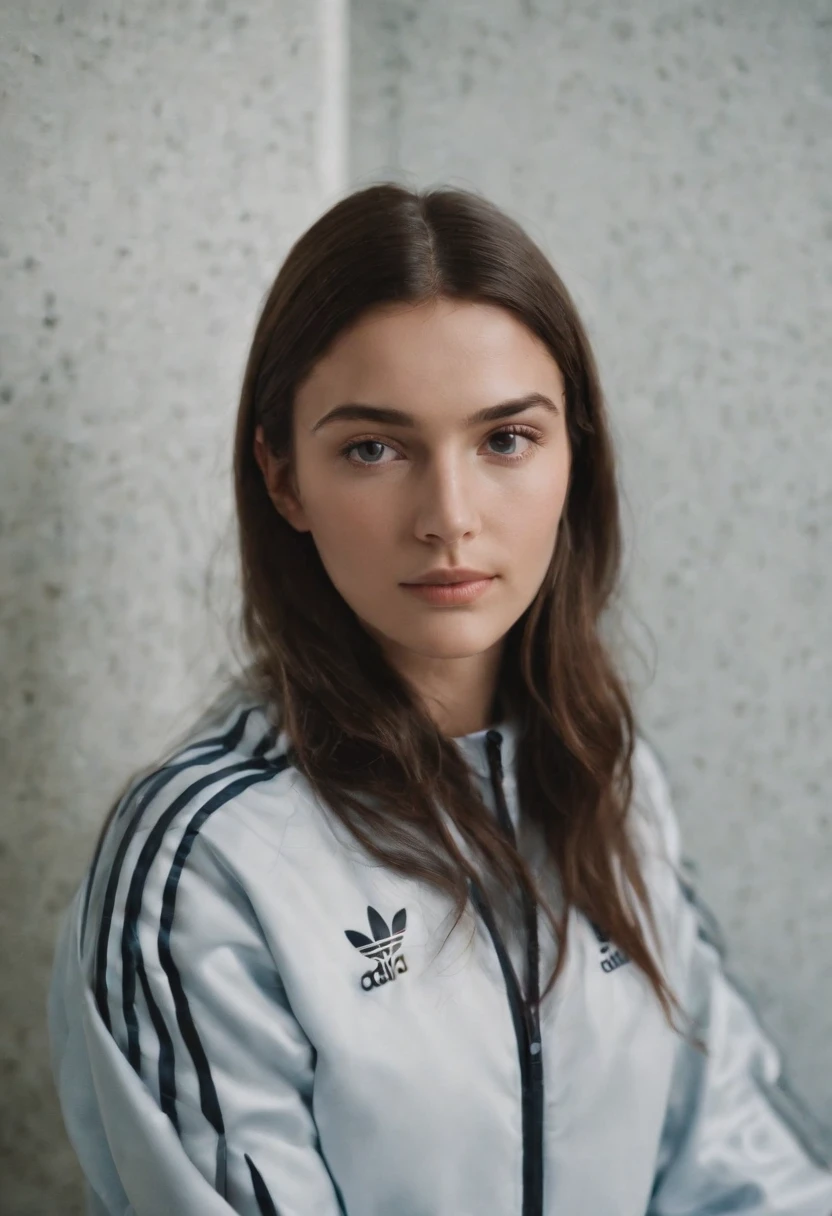 la luz adidas tracksuit, aditracksuit, in the style of dusseldorf school of photography, pensive portraiture, kodak portra, Rafal Olbinski, jean nouvel, photo taken with provia, silver