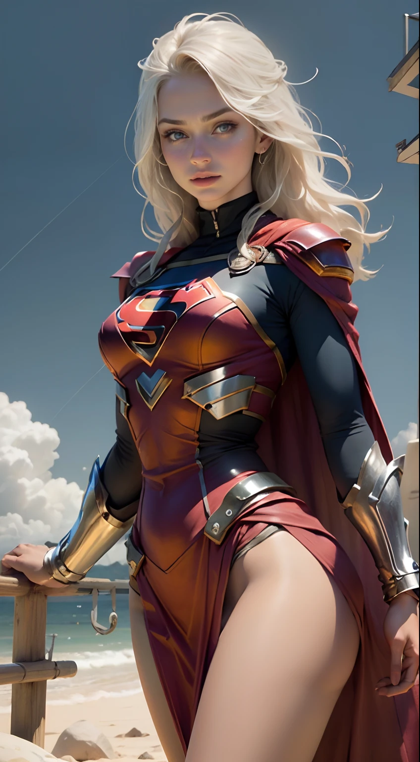 (((Mulher bonita cabelo branco longo:1.3))), (((corpo definido seios grandes))), (((vestindo cosplay de Superman:1.2))).