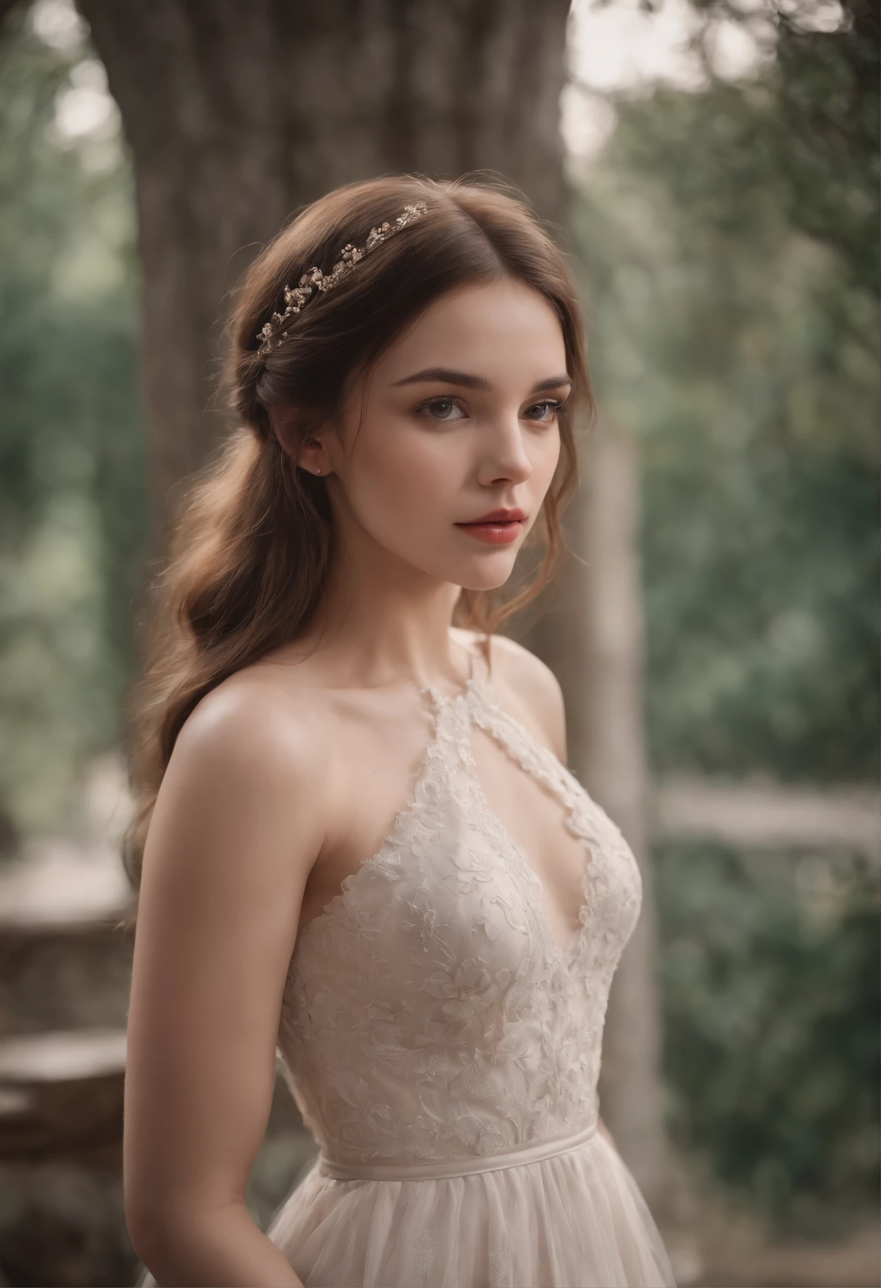 delicate girl, com um vestido delicado, cabelos curtos e ondulados