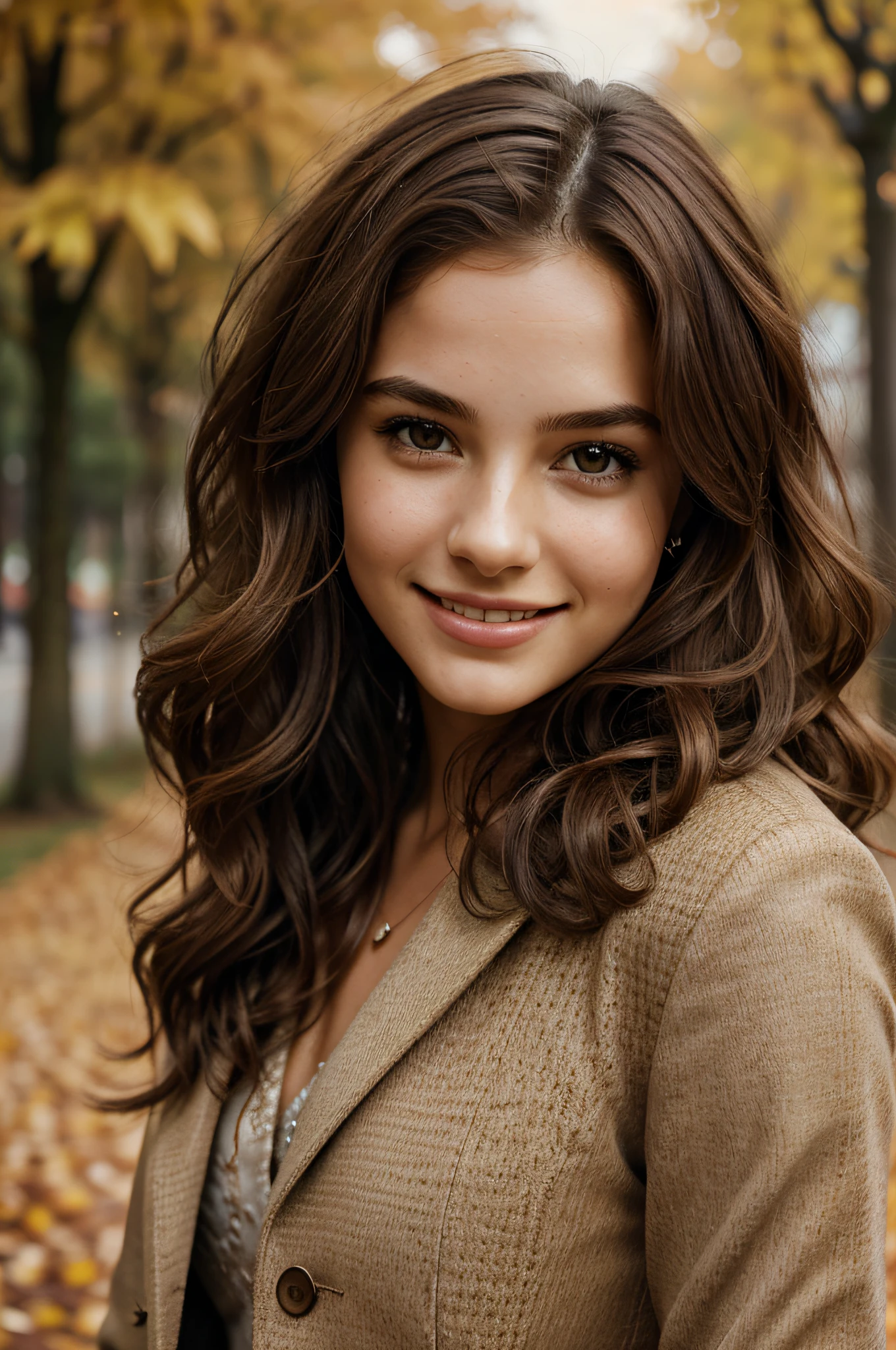portrait of a woman, dry leaves over her head, fashion photograph, brown hair, 16k, attractive, elegant, confident, optimistic, ager, smiling, beautiful, heroine, perfect look, highly detailed modern clothing, curly hair details, sharp focus, intricate details, highly detailed, style of Robert Frank
