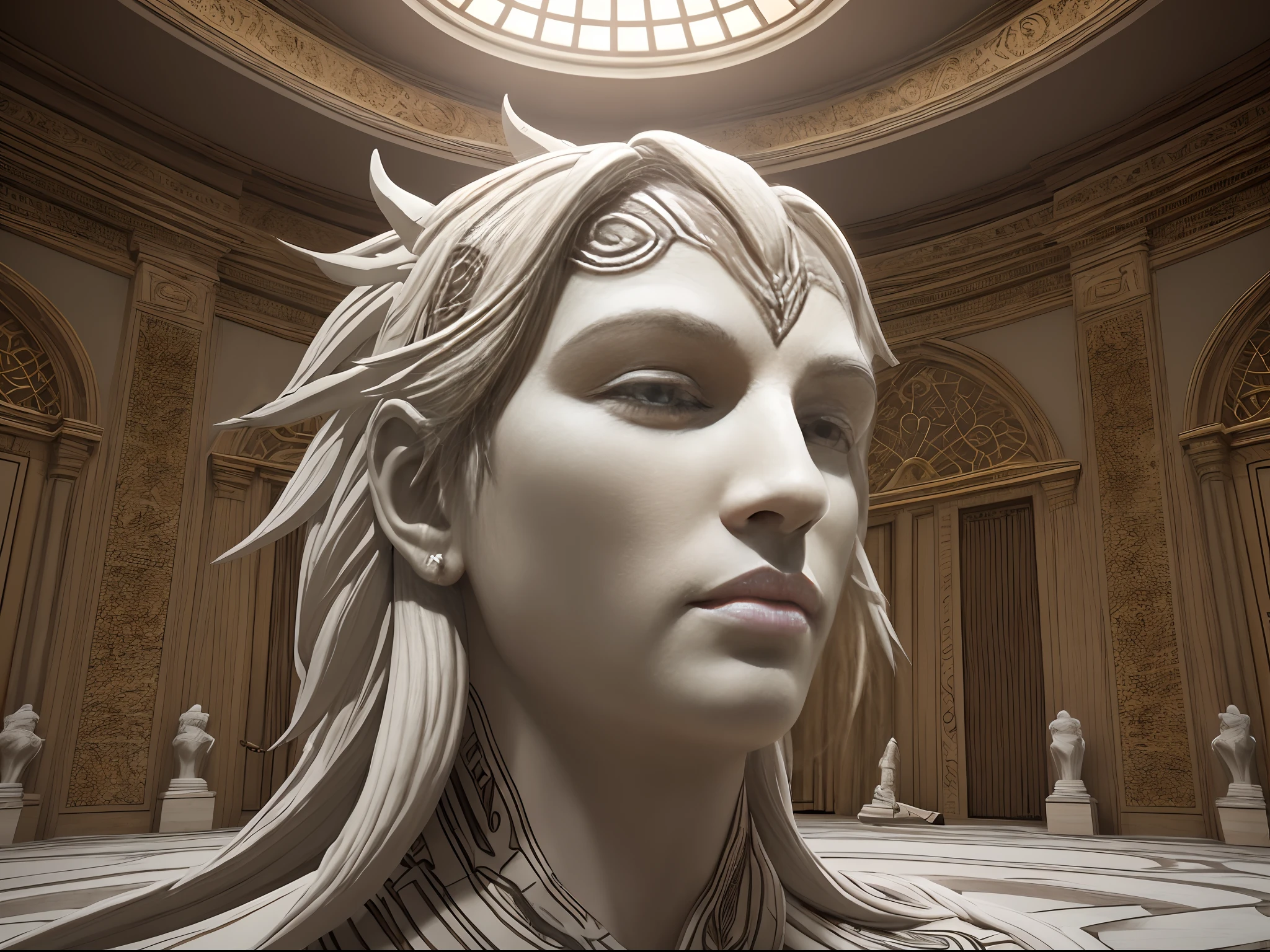 a white coloured giant African man head sculpture with african designs on it, in a white coloured African designed room full of white coloured, African sculptures and instruments, all white coloured in scene, cgsociety 9, sci-fi, with iridescent light, 32k, ultra HD, unreal engine rendered, cinematic lighting, bright and vibrant colours, photorealistic image, --auto --s2