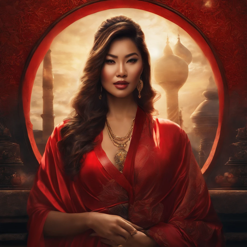 (best quality, highres, masterpiece:1.2), ultra-detailed, realistic:1.37, HDR, studio lighting, extreme detail description, professional, vivid colors, bokeh, futuristic, movie poster, tattooed Asian woman, radical digital illustration style, light red, rap aesthetics, Fabian Perez, fragmented realism, David Michael Bowles, high contrast chiaroscuro