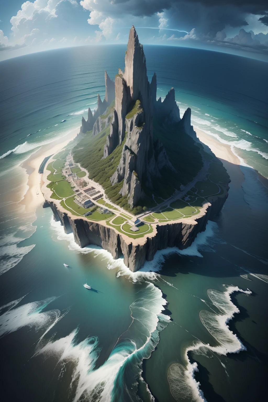 Top-down view,intricate heaven, paradise, The sea is as far as the eye can see,There are islands of all sizes in the sea,A monster looming in the sea,There are dark clouds and lightning in the distance