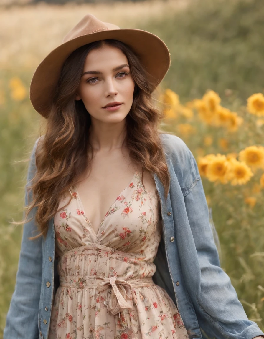 an up close photo of a young woman dressed in bohemian-inspired fashion, wearing a flowy maxi dress with floral prints, layered with a denim jacket and accessorized with a floppy hat and vintage accessories, Her hair is styled in loose waves or natural curls, The setting is a sunlit park or meadow, with long grass and wildflowers, creating a nostalgic and dreamy atmosphere((upper body))