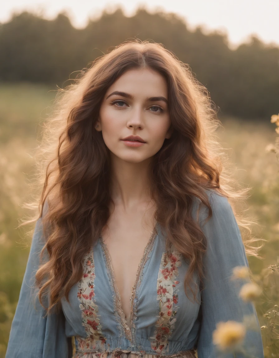 an up close photo of a young woman dressed in bohemian-inspired fashion, wearing a flowy maxi dress with floral prints, layered with a denim jacket and accessorized with a floppy hat and vintage accessories. Her hair is styled in loose waves or natural curls. The setting is a sunlit park or meadow, with long grass and wildflowers, creating a nostalgic and dreamy atmosphere