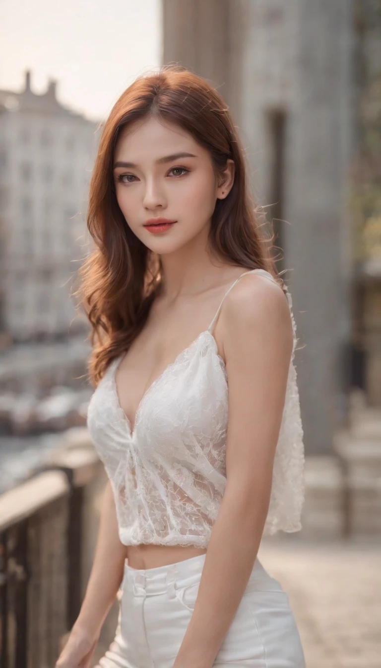 ((Midnight, Best quality, 8k, Masterpiece :1.3)), Whole body, Long legs, Sharp focus :1.2, A pretty woman with perfect figure :1.4, Slender abs :1.1, ((Dark brown hair, Big breasts :1.2)), (White tight tshirt, Jean bib, Standing:1.2), ((Night city view, Rooftop:1.3)), Highly detailed face and skin texture, Detailed eyes, Double eyelid