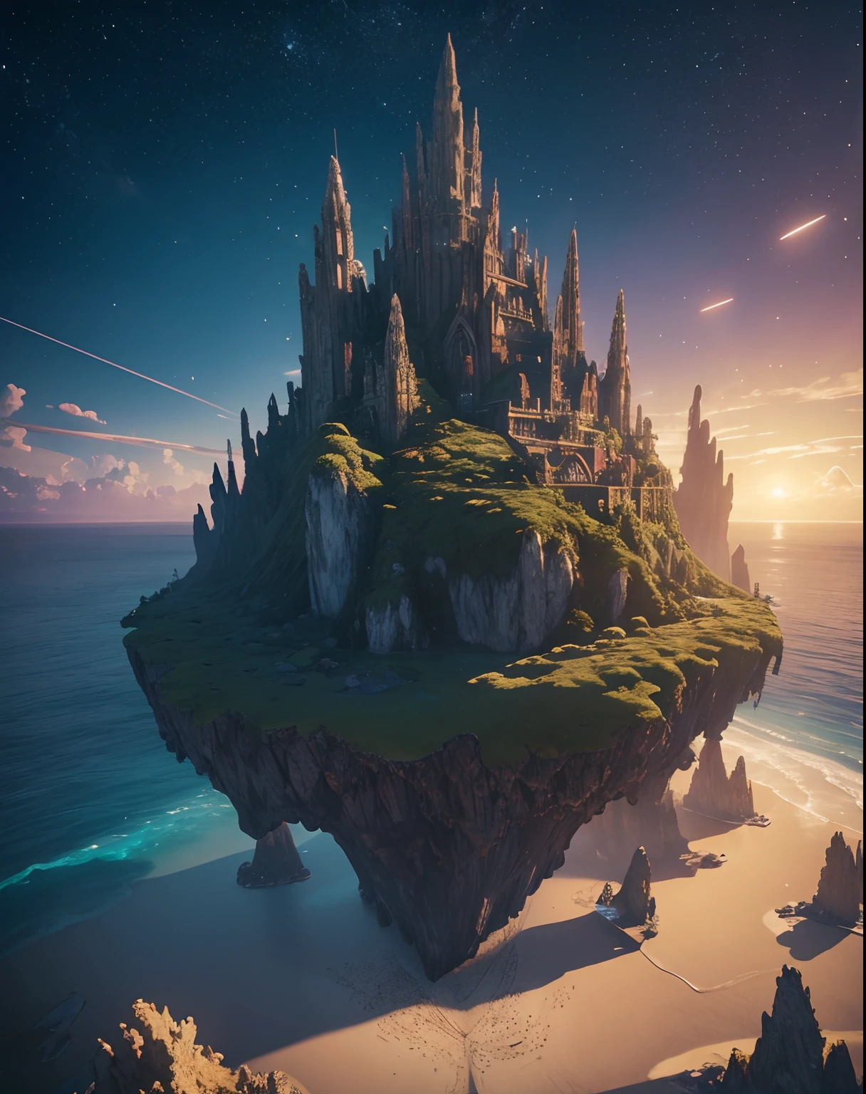 a highly detailed scene Where a lots of islands float in the sky.  8k, octane render, Intricate hyperdetails, Symmetrical, giant bright nebule and vault of heaven in the background