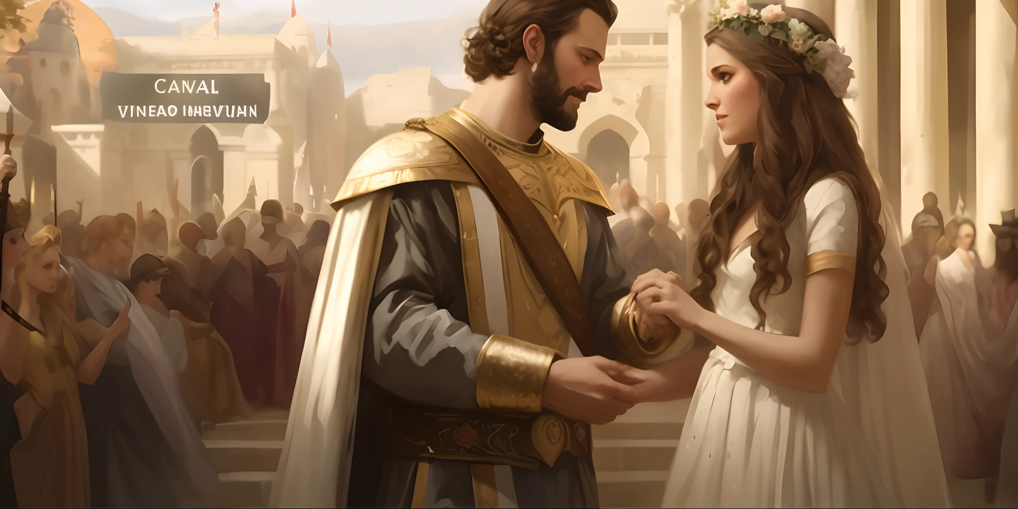 imagem arafed de um homem e uma mulher em um vestido de noiva, Tuomas Korpi e Wlop, Ledmund Leighton, Graphic artist Magali Villeneuve, Charlie Bowater e Artgeem, inspirado em Magali Villeneuve, Magali Villeneuve», vestidos com roupas romanas, granting him a noble title, Edmund Blair e Charlie Bowater
