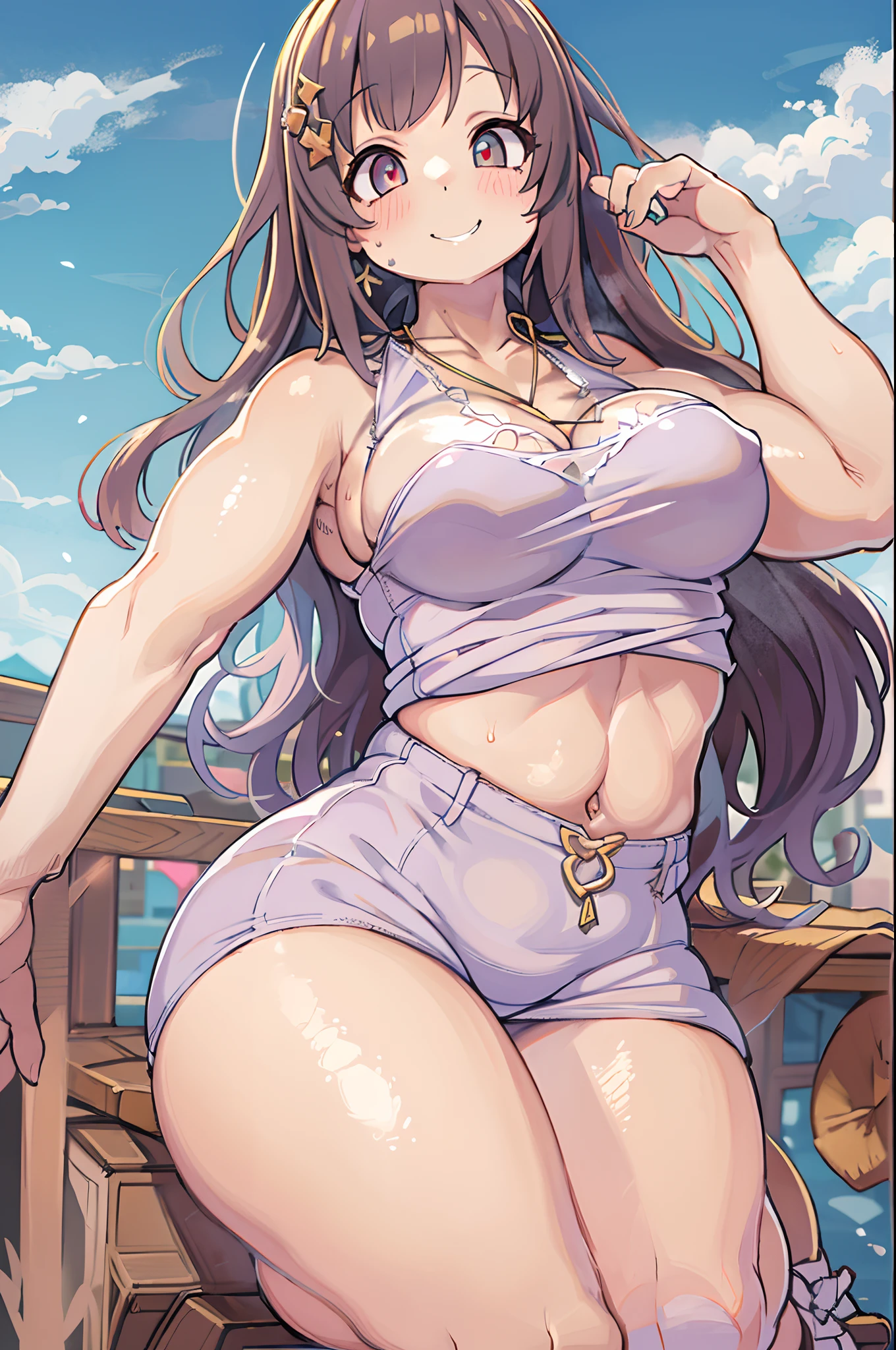 masutepiece, Best Quality, eye line, eyeshadows, Looking at Viewer, Curve, (Full body shot) In the (Drino Buddies D15:0.8) Wearing ( Wear:1.2), 1girl in, Solo, Long hair, Soft breasrk, Sleeveless, Bangs, blush, Clothes Cutout, Long hair, Shiny skin, Outdoor seating in the square, Cloudy sky, Upper body, Ultra-detailed, Illustration, 、thighs thighs thighs thighs, 、bbw、big buttltramamm
