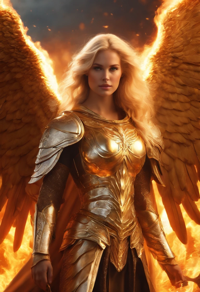 best quality, 4k, (sharp focus:1.1), realistic detail, angel with blonde hair, fantasy, fantasy portrait, fire, (wings made of fire:1.3), weapon made of fire, white and gold engraved metal armor, halo made of fire, night sky,