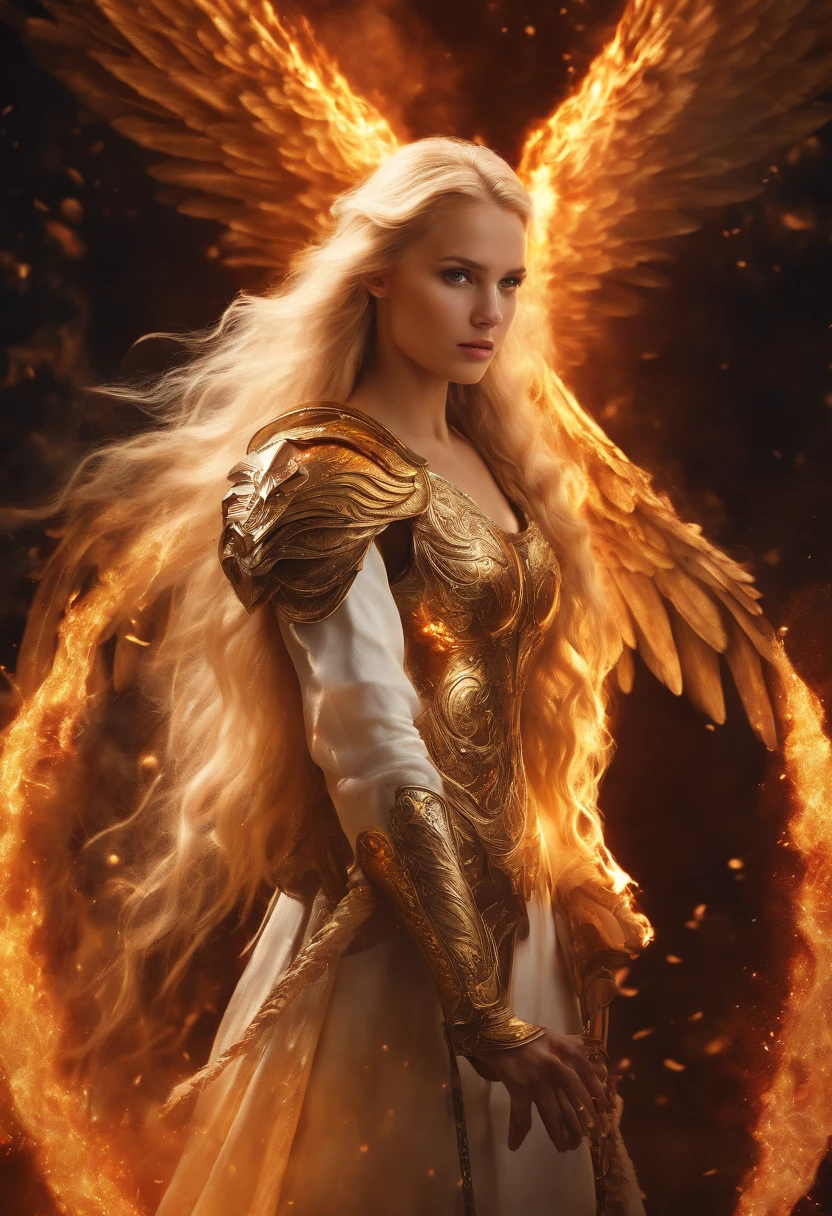 best quality, 4k, (sharp focus:1.1), realistic detail, angel with blonde hair, fantasy, fantasy portrait, fire, (wings made of fire:1.3), weapon made of fire, white and gold engraved metal armor, halo made of fire, night sky,