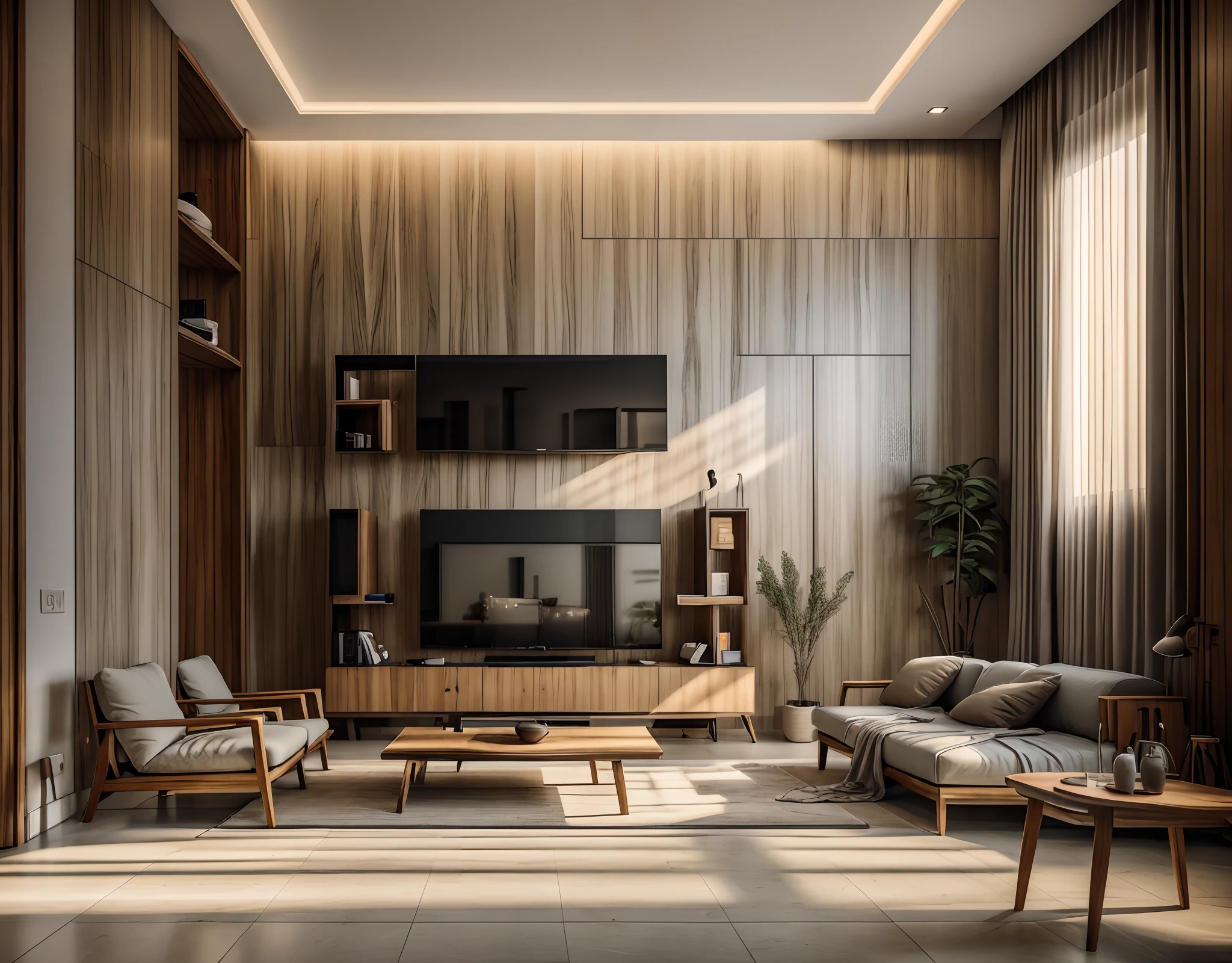 Living room, 20m2, neoclassical style, Vietnam wooden tables and chairs, Black and White Tile Floor 1980s, sofa, tea table, bookshelf, material combined with industrial wood Melamine Panels Carm Anigre, white  glossy acrylic Walls, beautiful light effects, adding light, 4K HD, high resolution, cozy feeling, real photos, very realistic, combined with professional materials